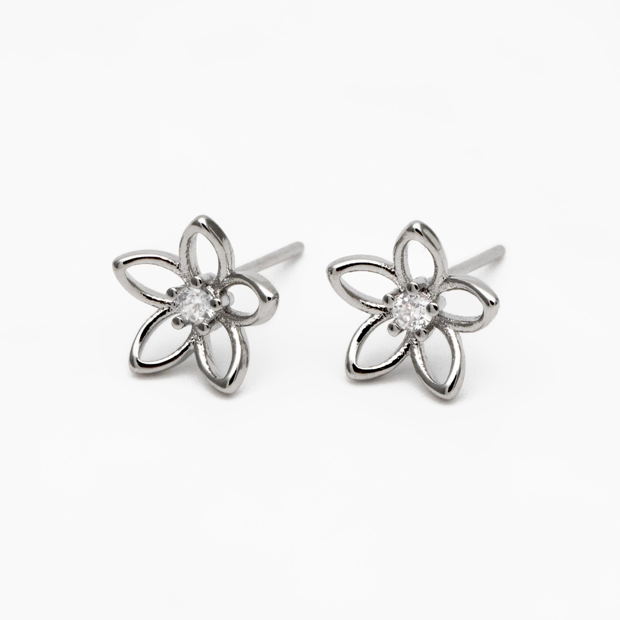 10pcs CZ Pave Gold/ Silver Hollow Flower Earrings 10mm, Gold/ Rhodium Plated Brass Stud Earrings, Dainty Flower Earrings (GB-4323-A)